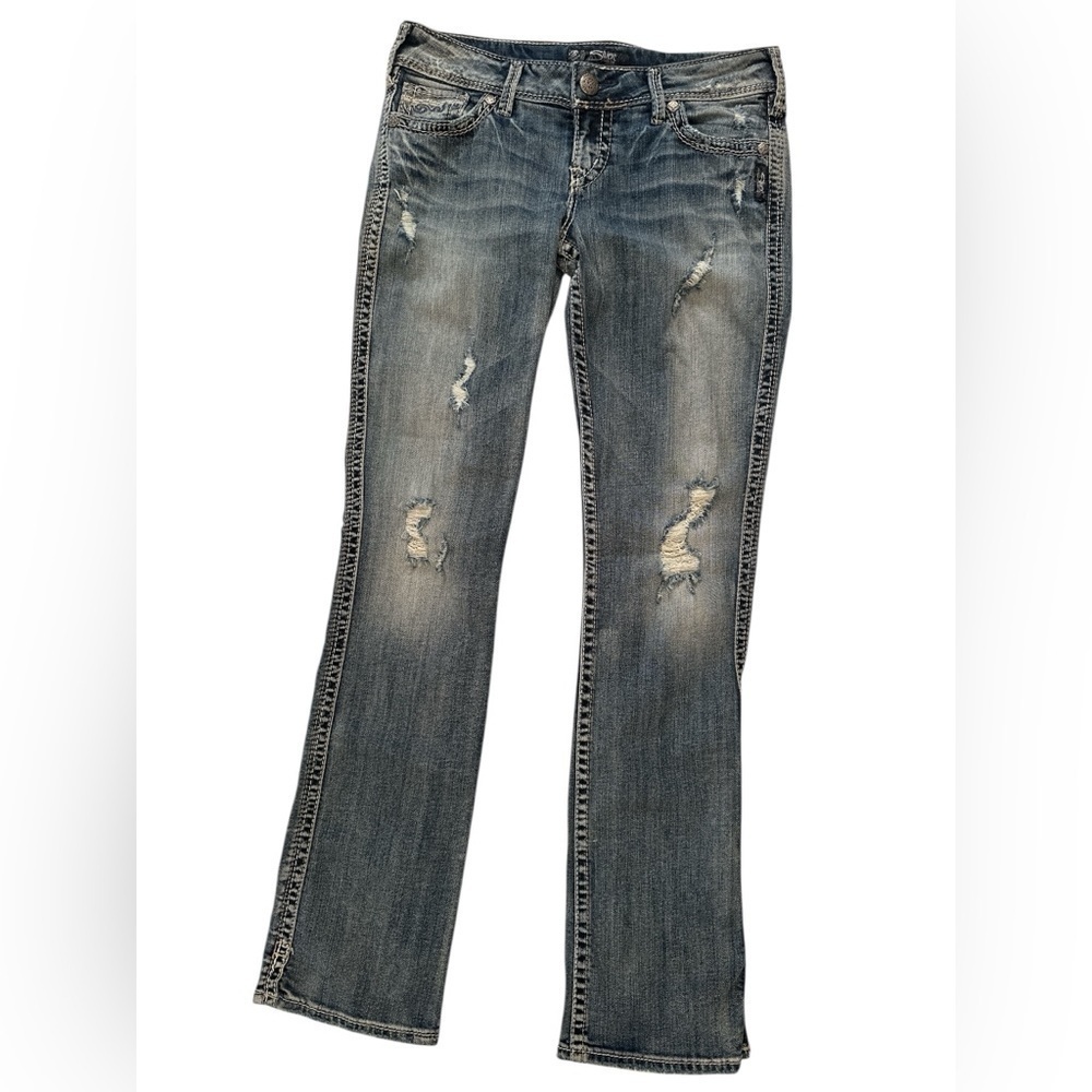 EUC Silver Jeans McKenzie Flap Bootcut  Distressed Embroidery Pocket Sz 29/L32